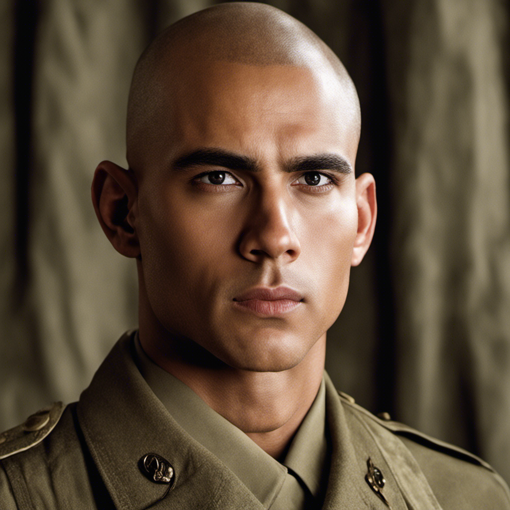 An image showing a close-up of a soldier's freshly shaved head, with a determined expression in their eyes