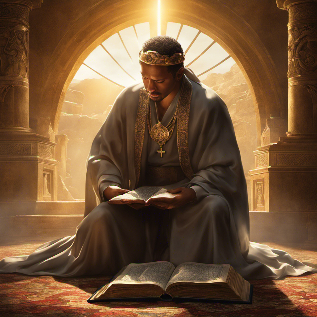 An image depicting a man with a serene expression, kneeling on the ground, as a ray of sunlight illuminates his bowed head