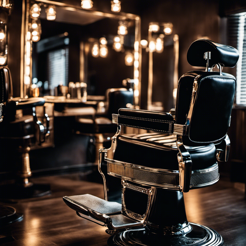 -up image of a barber's chair covered in luxurious black leather, with the reflection of a bald head in a shiny, high-end razor