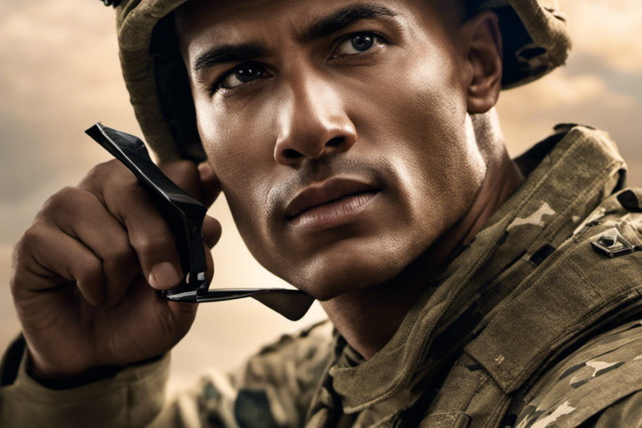 An image showing a close-up of a soldier in military attire, confidently shaving their head using a razor, with determination and pride evident on their face