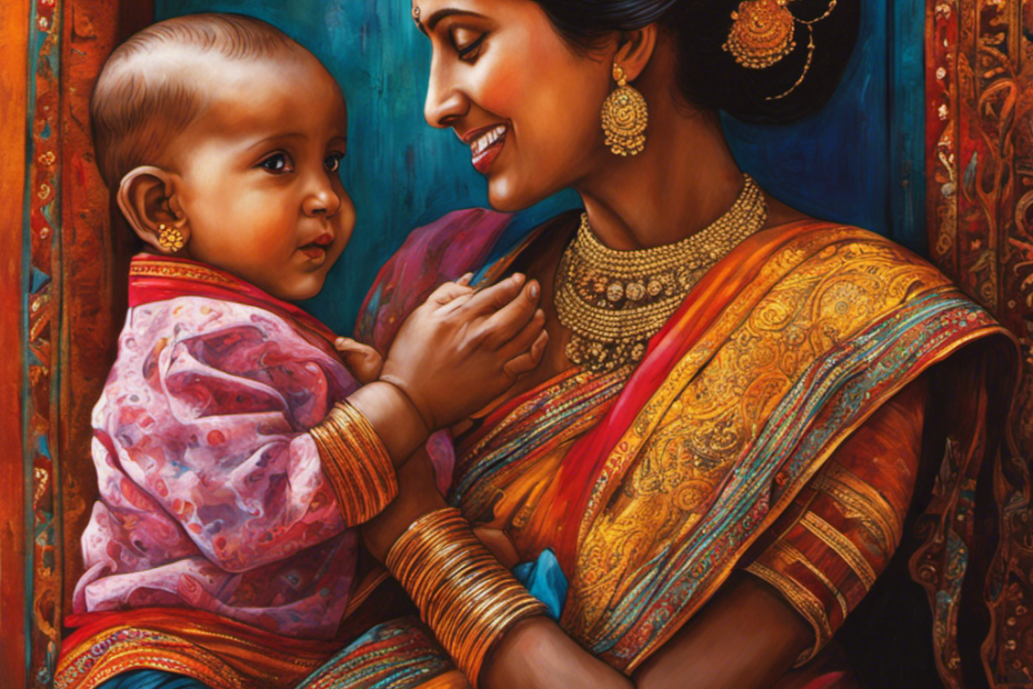 An image showcasing a tender moment between a mother and her baby, capturing the rich cultural tradition of shaving a baby's head in India