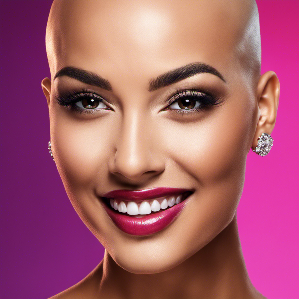 An image that captures a close-up of a confident woman with a shaved head, her radiant smile contrasting against the smoothness of her scalp, perfectly framing her striking features and bold personality
