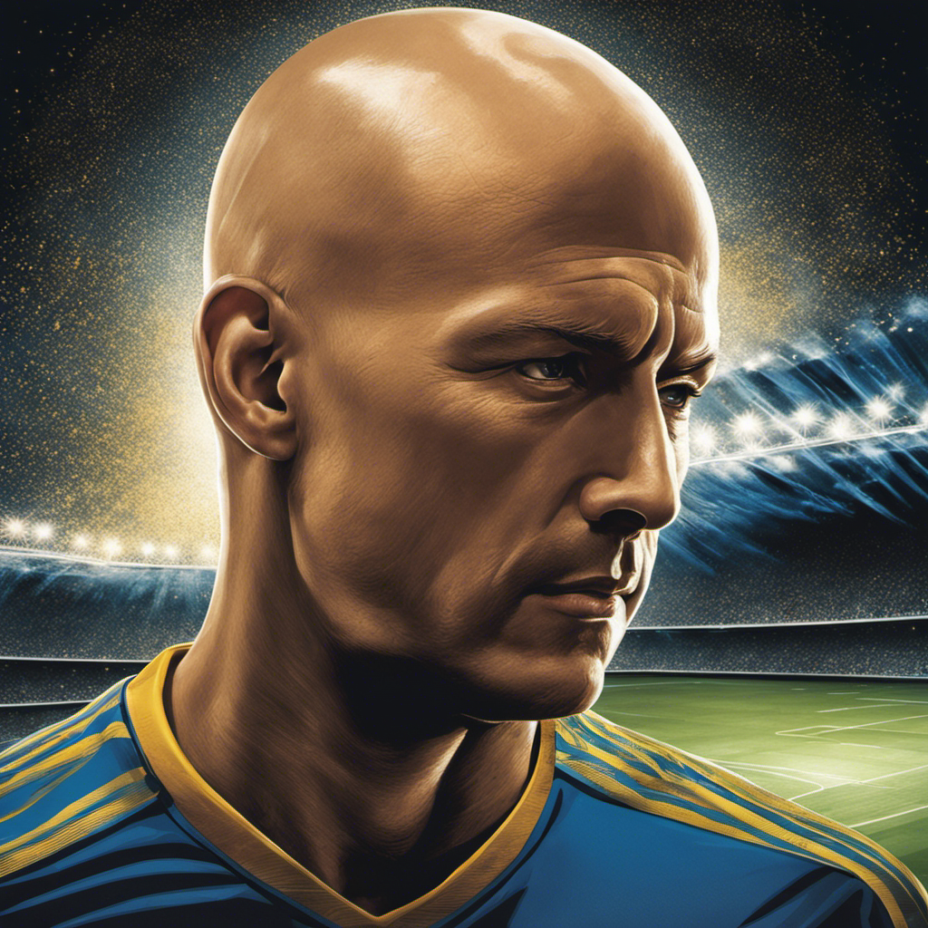 An image showcasing a close-up of a bald soccer player's head, glistening with sweat under the floodlights