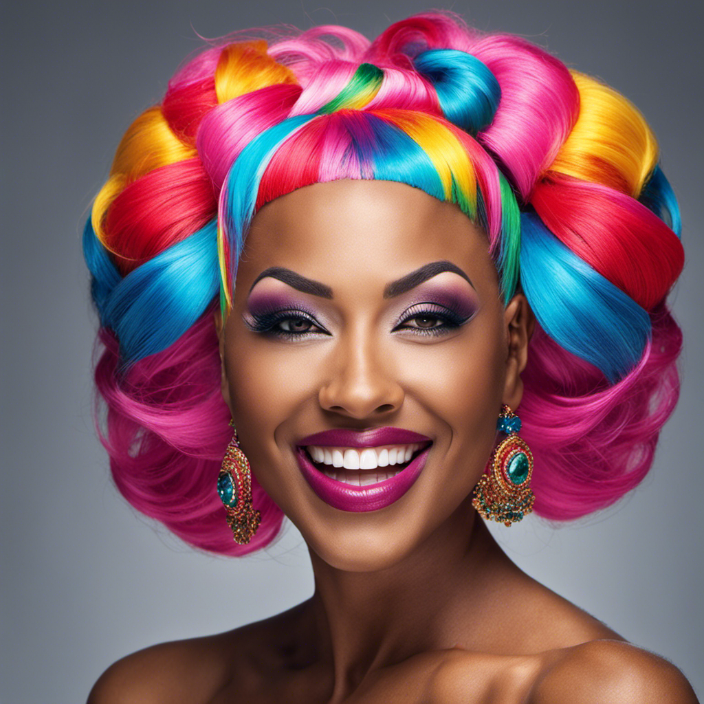 An image of a woman confidently embracing her bald head, adorned with a vibrant wig collection in various styles and colors