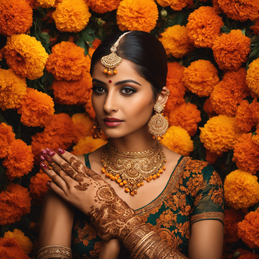 An image capturing a young Indian woman, her radiant face adorned with intricate mehndi, confidently shaving her head as a symbol of her devotion and spirituality, surrounded by vibrant marigold garlands and incense smoke