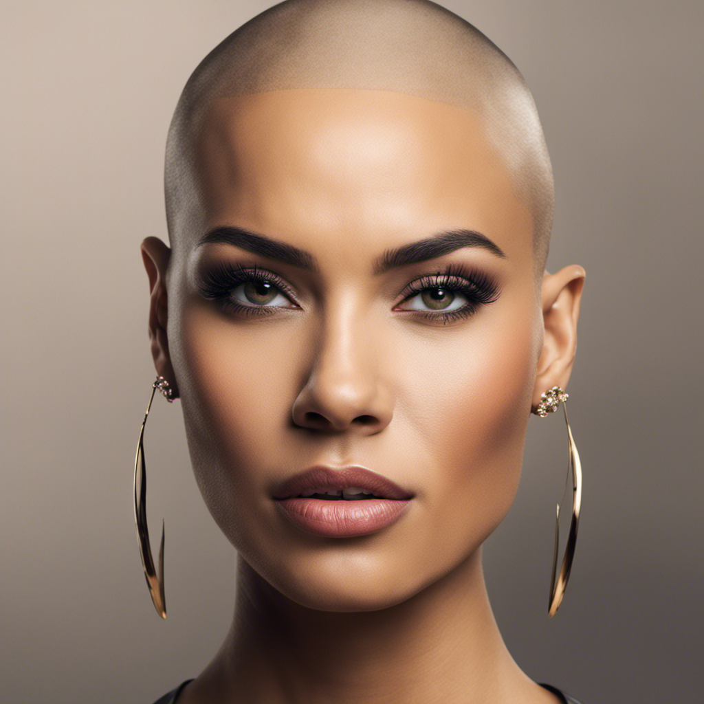 An image capturing a close-up of a confident woman with a shaved head, her eyes shining with determination, as she embraces her individuality and challenges societal beauty norms