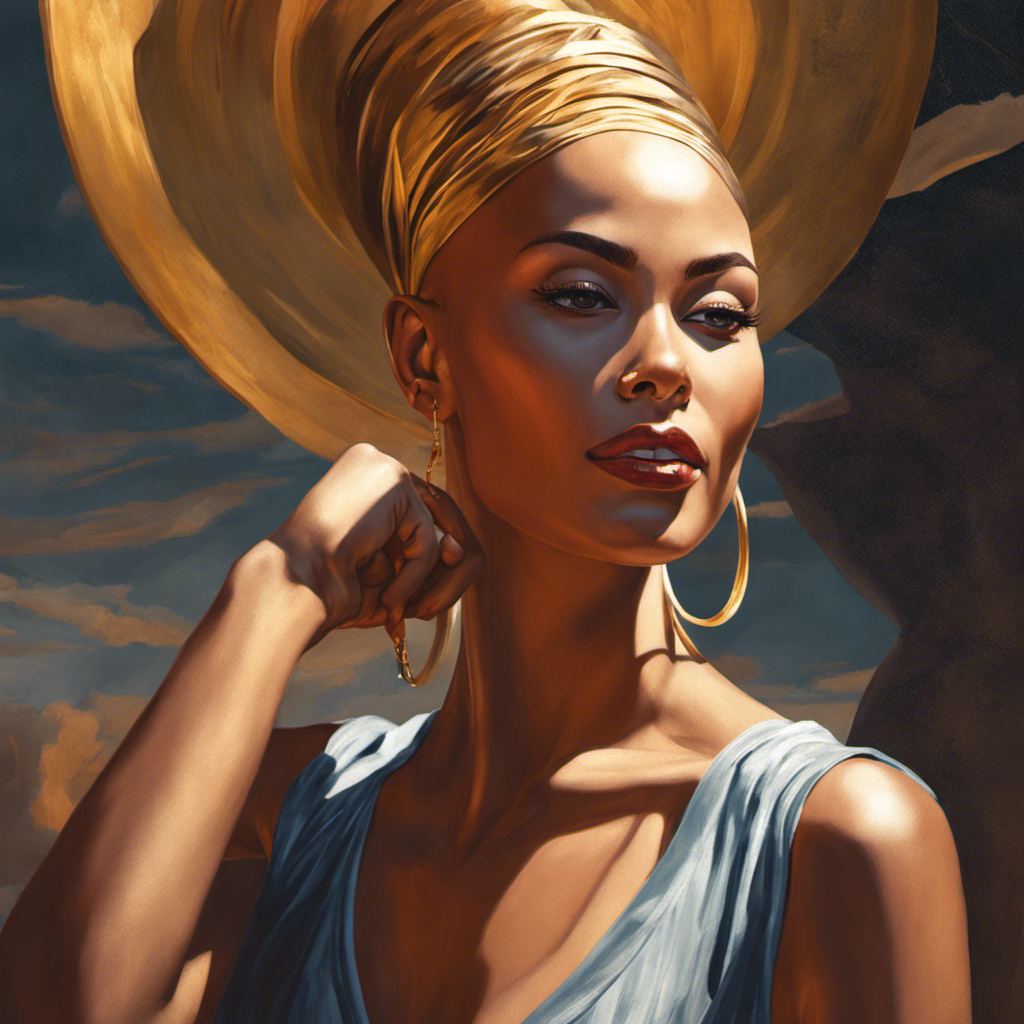 An image that showcases a confident woman, her face beaming with liberation, as she runs her fingers through her shaved head