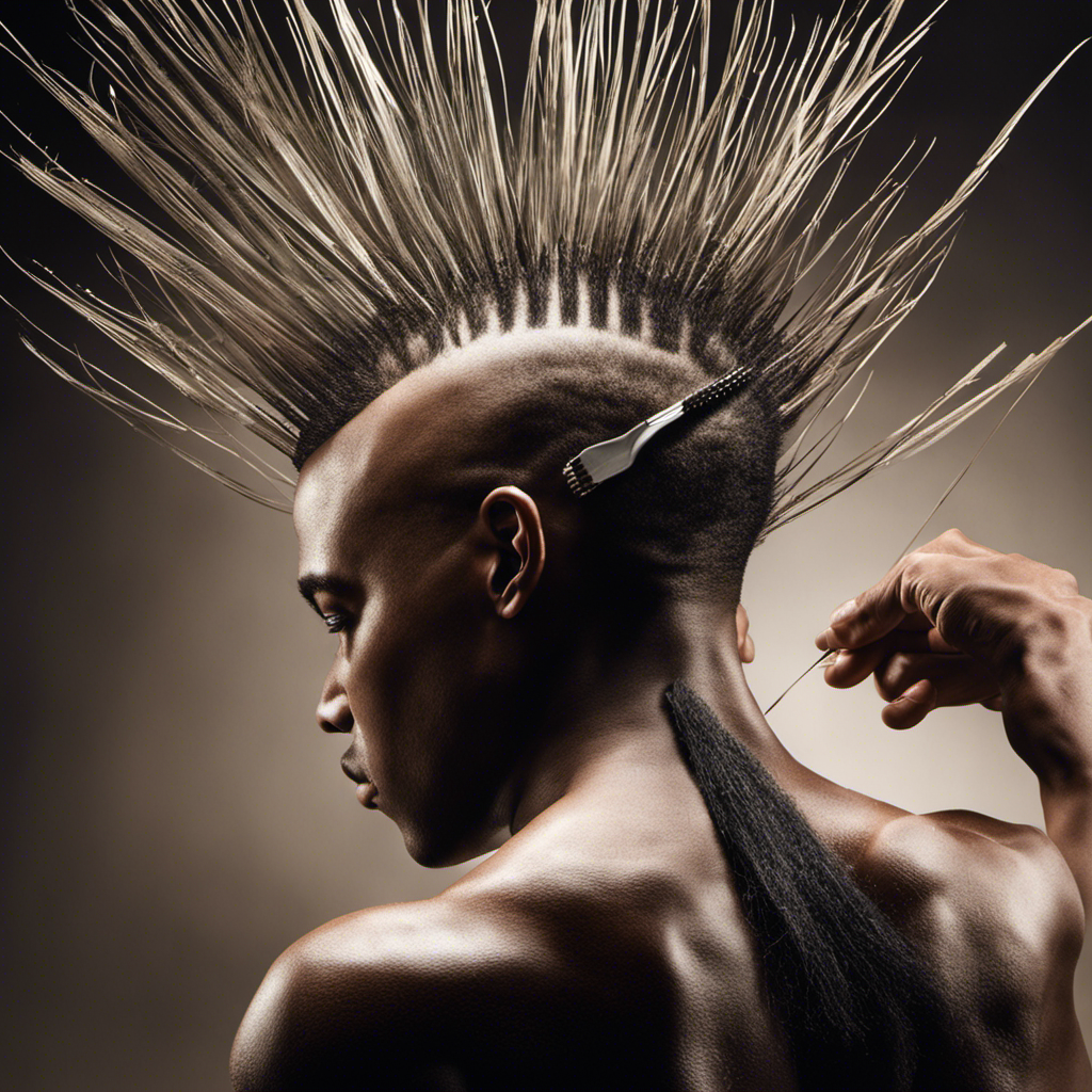 An image capturing the intimate moment of a person running a razor across their scalp, surrounded by gleaming strands of hair, symbolizing the transformative power and freedom found in the act of shaving one's head