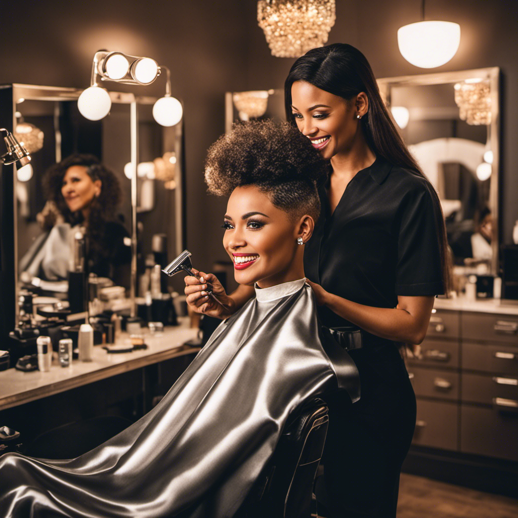 An image showcasing a confident woman seated in front of a sleek, well-lit mirror, surrounded by barber tools and supplies
