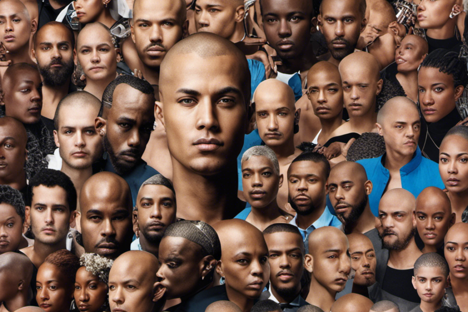 An image featuring a montage of diverse individuals, each with a freshly shaved head, surrounded by discarded hair clippers, capturing the curiosity and trendiness behind the viral phenomenon of "Why Did Everyone Shave Their Head" on YouTube
