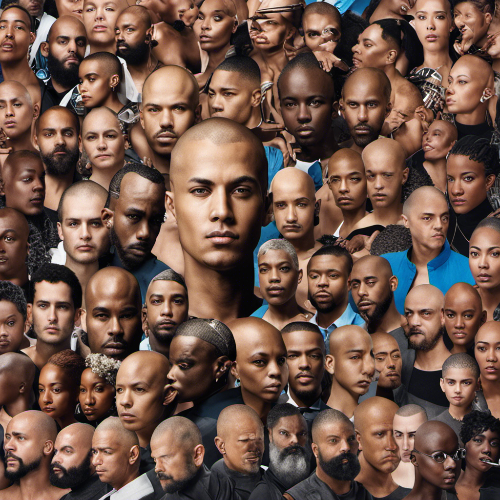 An image featuring a montage of diverse individuals, each with a freshly shaved head, surrounded by discarded hair clippers, capturing the curiosity and trendiness behind the viral phenomenon of "Why Did Everyone Shave Their Head" on YouTube